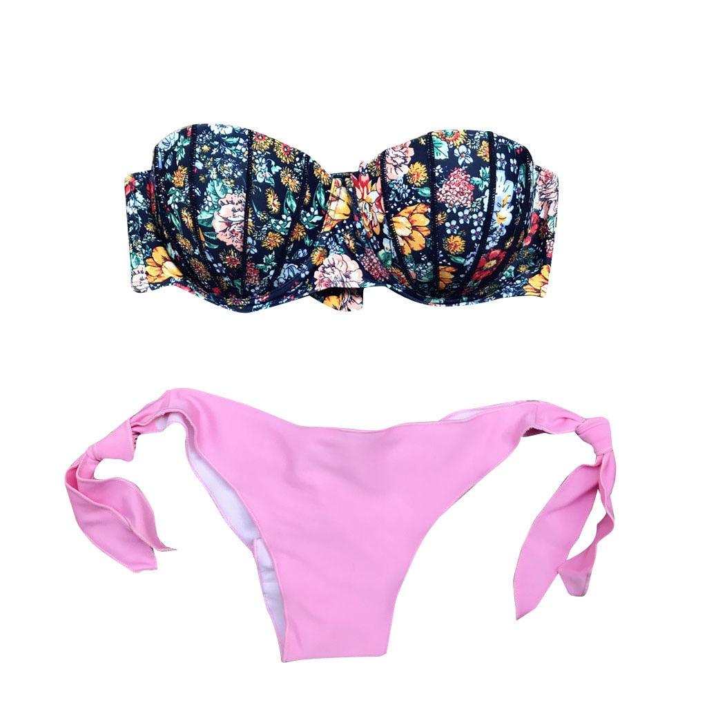 "Dark Bloom – Floral Ruched Bandeau Tie-Side Bikini Set"