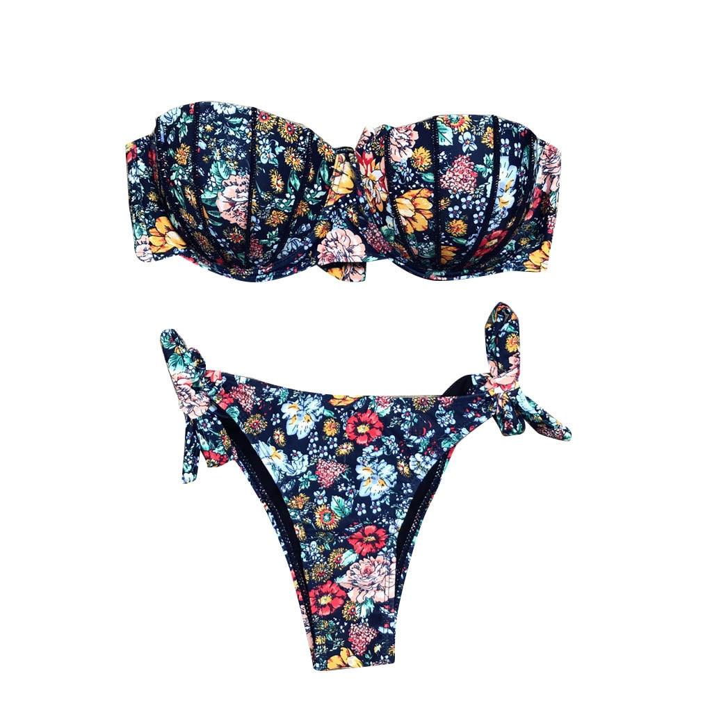 "Dark Bloom – Floral Ruched Bandeau Tie-Side Bikini Set"