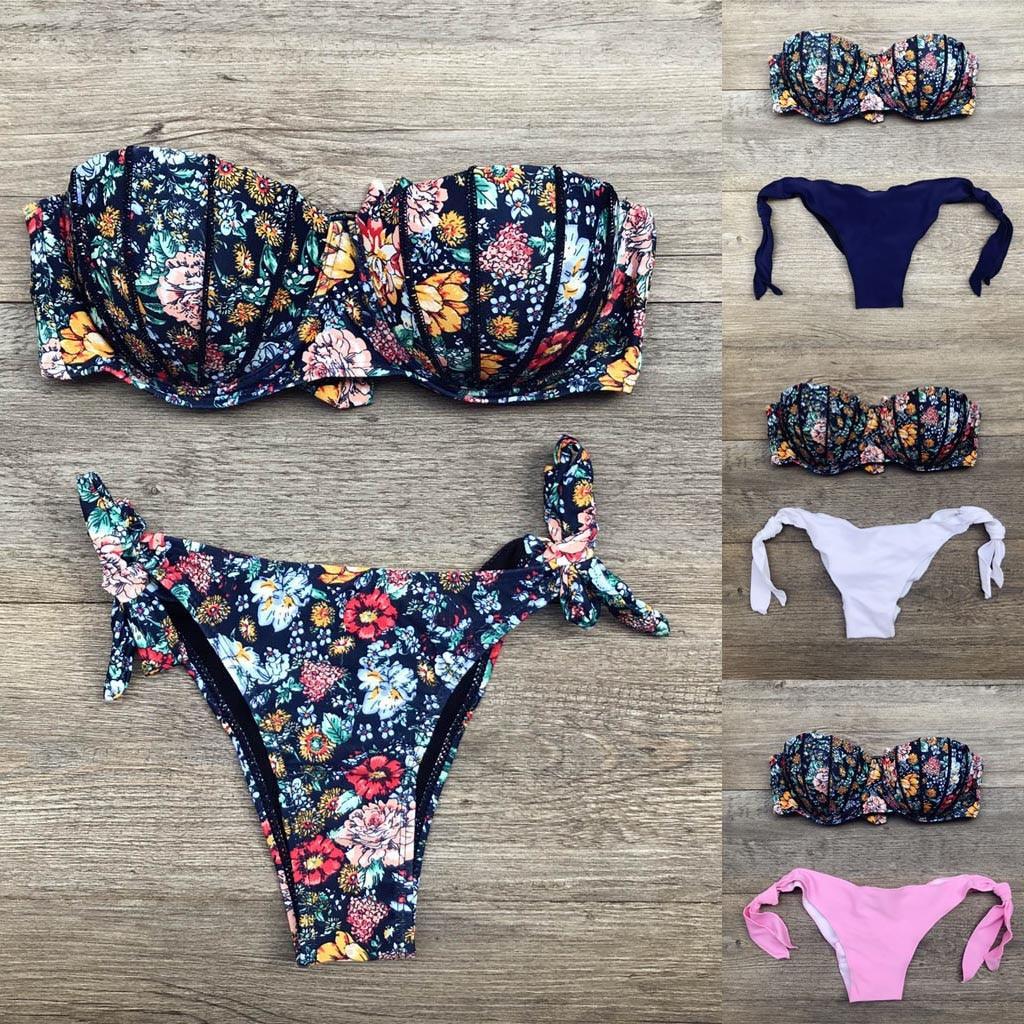 "Dark Bloom – Floral Ruched Bandeau Tie-Side Bikini Set"
