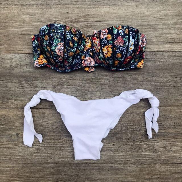 "Dark Bloom – Floral Ruched Bandeau Tie-Side Bikini Set"