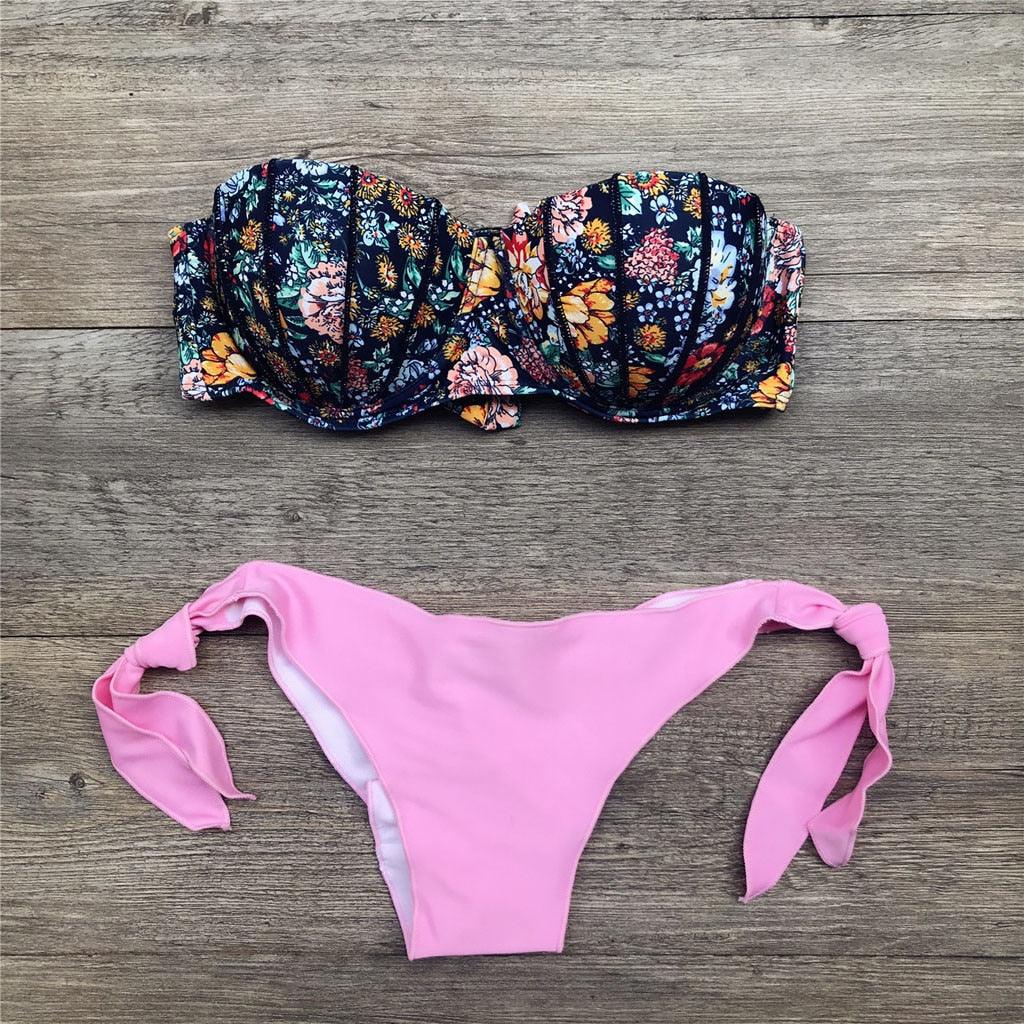 "Dark Bloom – Floral Ruched Bandeau Tie-Side Bikini Set"