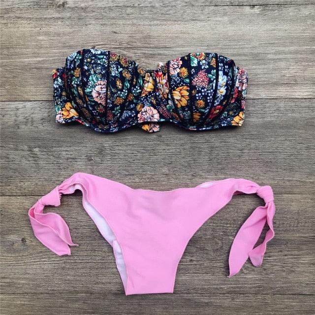 "Dark Bloom – Floral Ruched Bandeau Tie-Side Bikini Set"