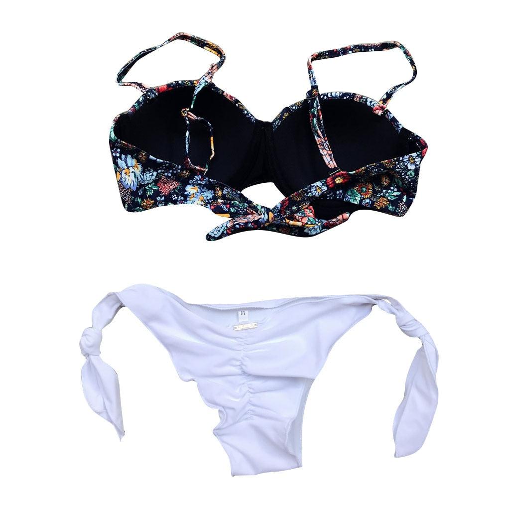 "Dark Bloom – Floral Ruched Bandeau Tie-Side Bikini Set"
