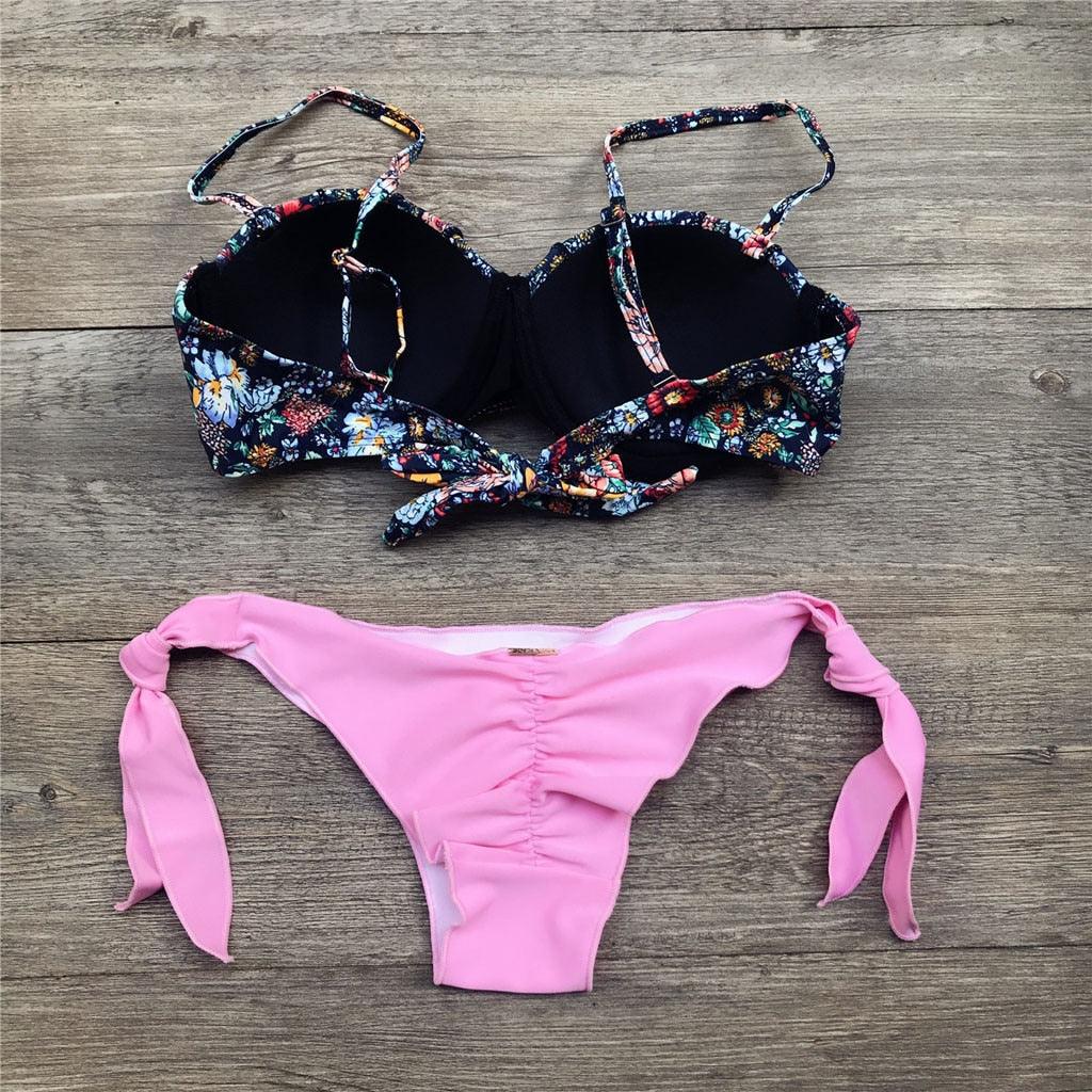 "Dark Bloom – Floral Ruched Bandeau Tie-Side Bikini Set"