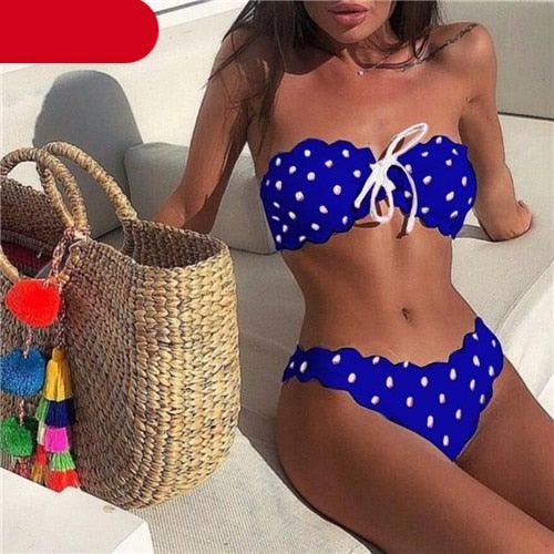 "Ladybug Cove – Polka Dot Scallop Lace-Up Bandeau Bikini Set"