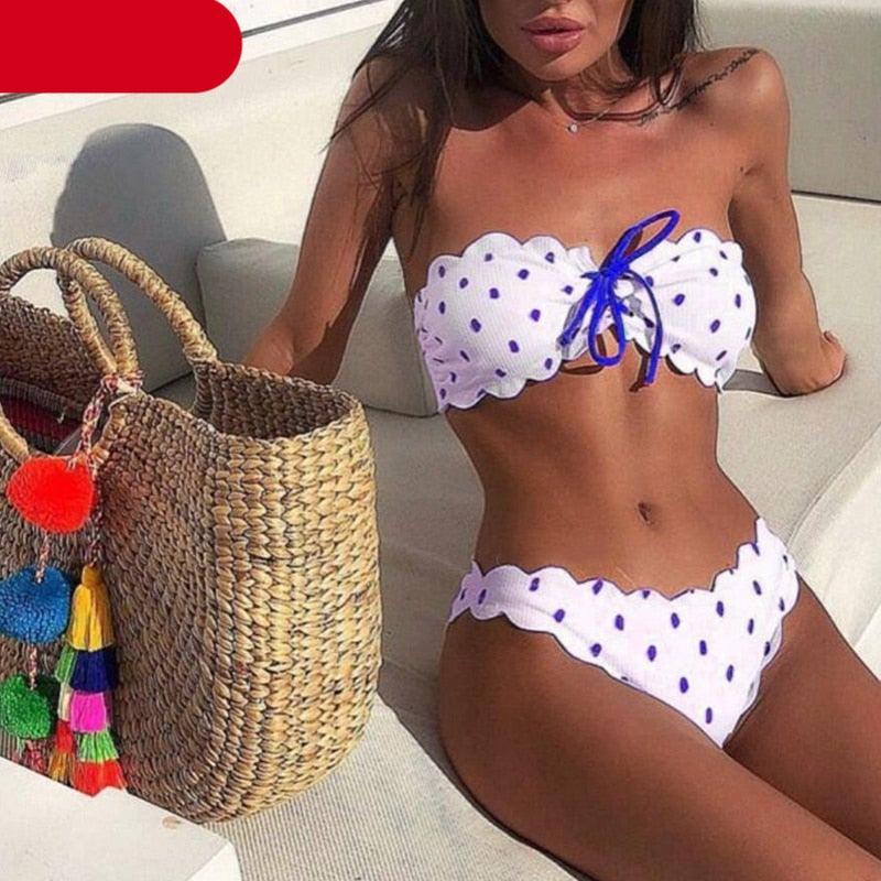 "Ladybug Cove – Polka Dot Scallop Lace-Up Bandeau Bikini Set"