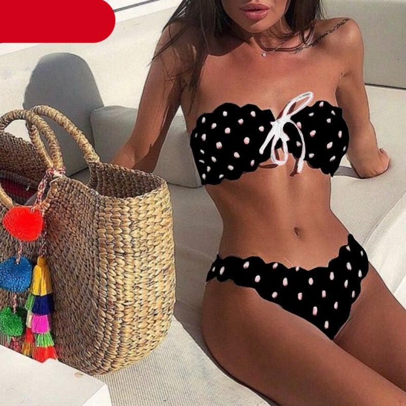 "Ladybug Cove – Polka Dot Scallop Lace-Up Bandeau Bikini Set"