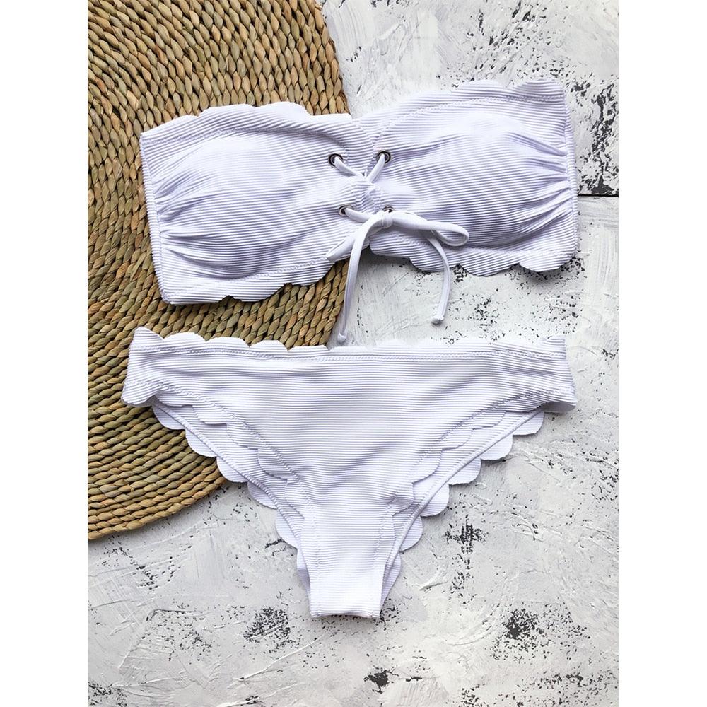 "Ladybug Cove – Polka Dot Scallop Lace-Up Bandeau Bikini Set"