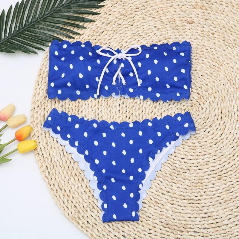 "Ladybug Cove – Polka Dot Scallop Lace-Up Bandeau Bikini Set"