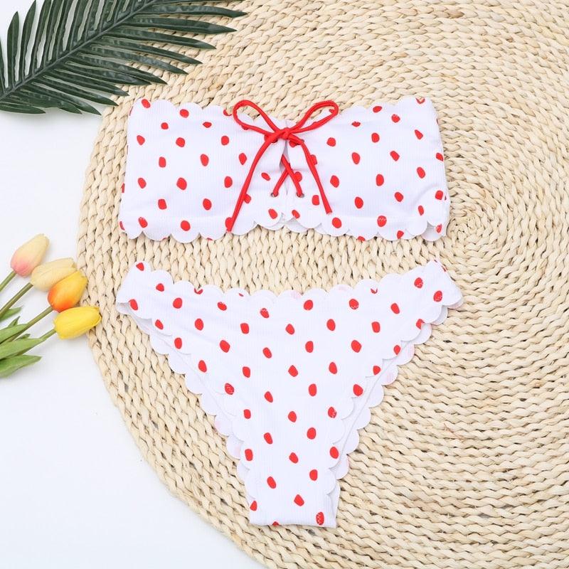 "Ladybug Cove – Polka Dot Scallop Lace-Up Bandeau Bikini Set"
