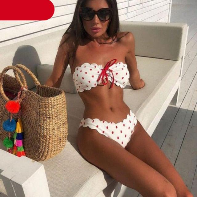 "Ladybug Cove – Polka Dot Scallop Lace-Up Bandeau Bikini Set"