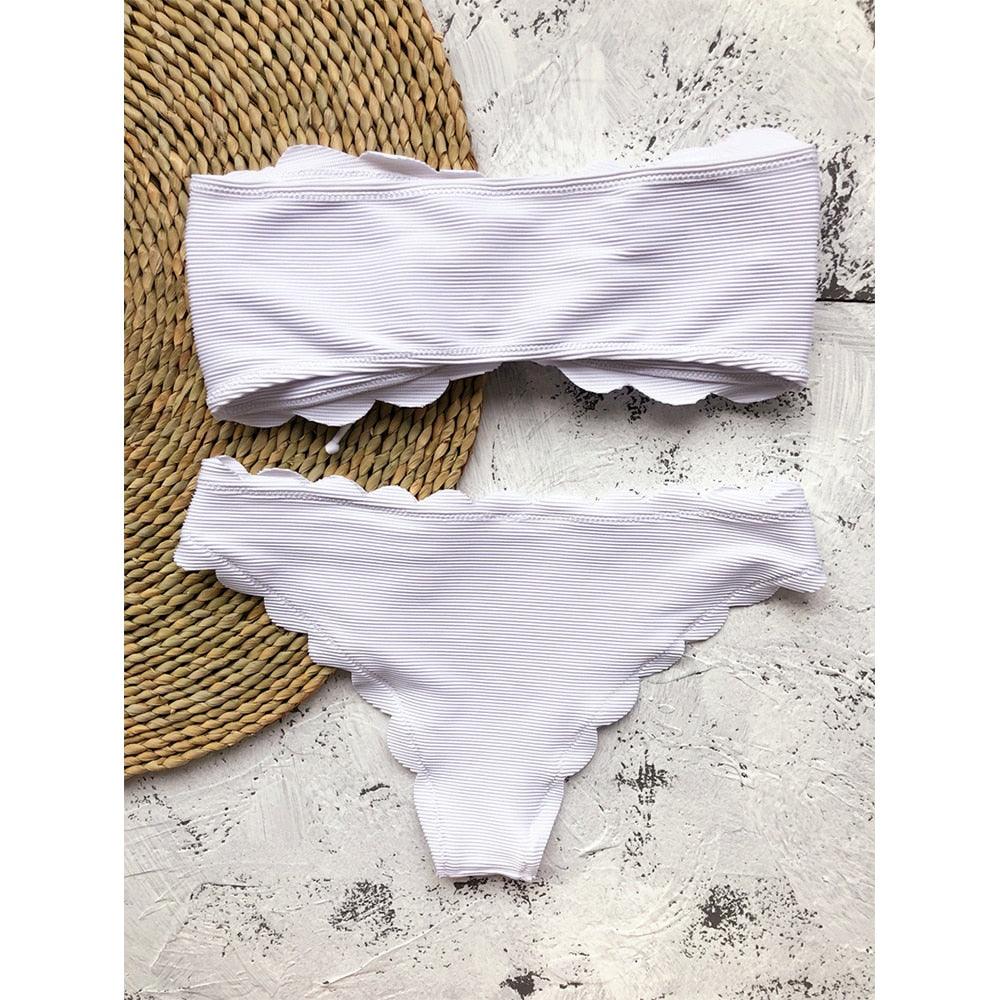 "Ladybug Cove – Polka Dot Scallop Lace-Up Bandeau Bikini Set"