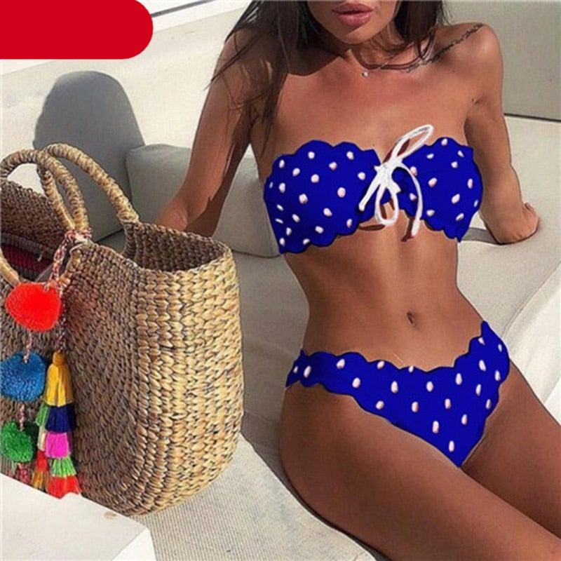 "Ladybug Cove – Polka Dot Scallop Lace-Up Bandeau Bikini Set"