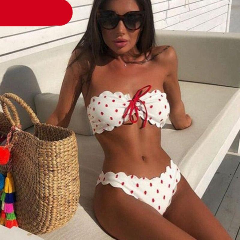 "Ladybug Cove – Polka Dot Scallop Lace-Up Bandeau Bikini Set"