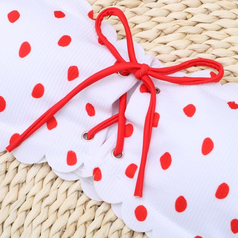 "Ladybug Cove – Polka Dot Scallop Lace-Up Bandeau Bikini Set"