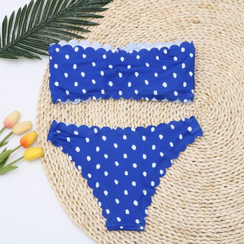 "Ladybug Cove – Polka Dot Scallop Lace-Up Bandeau Bikini Set"