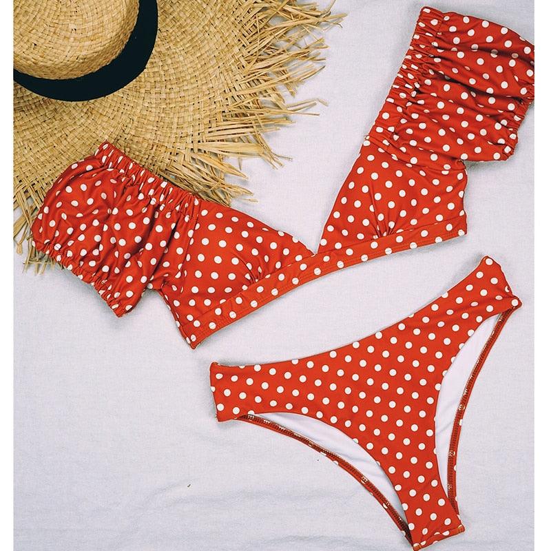 "Ladybug Cove – Polka Dot Scallop Lace-Up Bandeau Bikini Set"