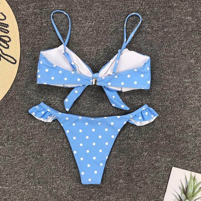 "Ladybug Cove – Polka Dot Scallop Lace-Up Bandeau Bikini Set"