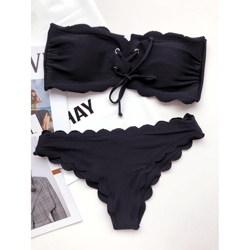 "Ladybug Cove – Polka Dot Scallop Lace-Up Bandeau Bikini Set"