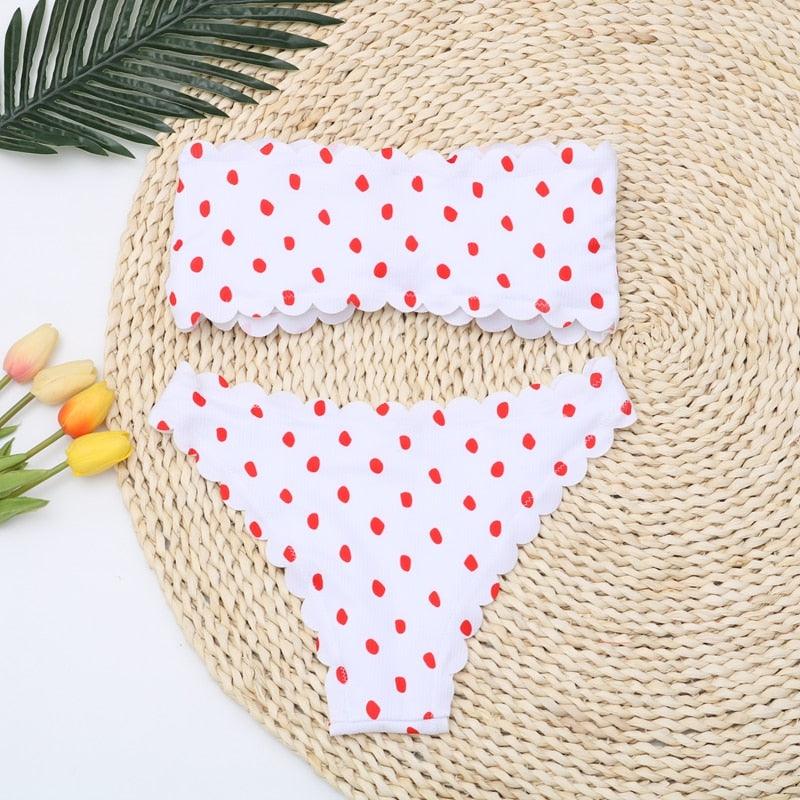 "Ladybug Cove – Polka Dot Scallop Lace-Up Bandeau Bikini Set"