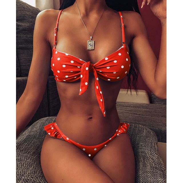 "Ladybug Cove – Polka Dot Scallop Lace-Up Bandeau Bikini Set"