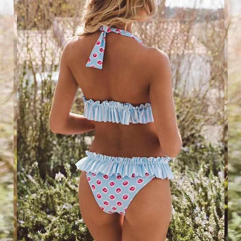 "Sea Poppy – Floral Ruffle Flounce Halter Bikini Set"