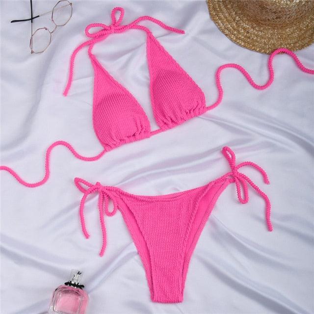 "One Wave – Ribbed One-Shoulder Push-Up Bikini Set"