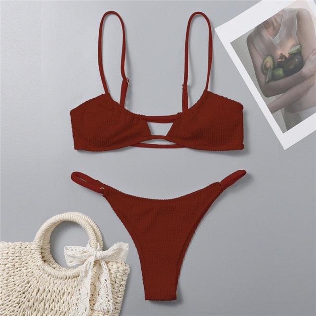 "One Wave – Ribbed One-Shoulder Push-Up Bikini Set"
