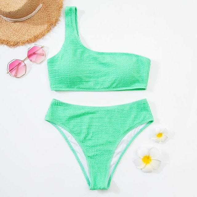 "One Wave – Ribbed One-Shoulder Push-Up Bikini Set"
