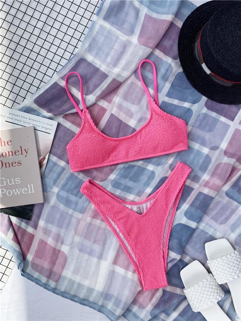 "One Wave – Ribbed One-Shoulder Push-Up Bikini Set"