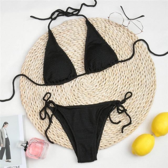 "One Wave – Ribbed One-Shoulder Push-Up Bikini Set"