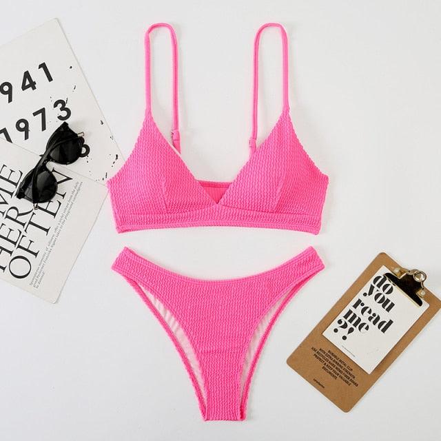 "One Wave – Ribbed One-Shoulder Push-Up Bikini Set"