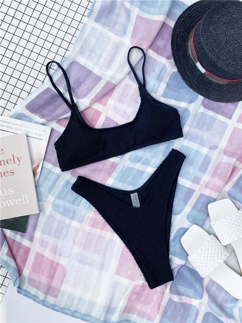 "One Wave – Ribbed One-Shoulder Push-Up Bikini Set"