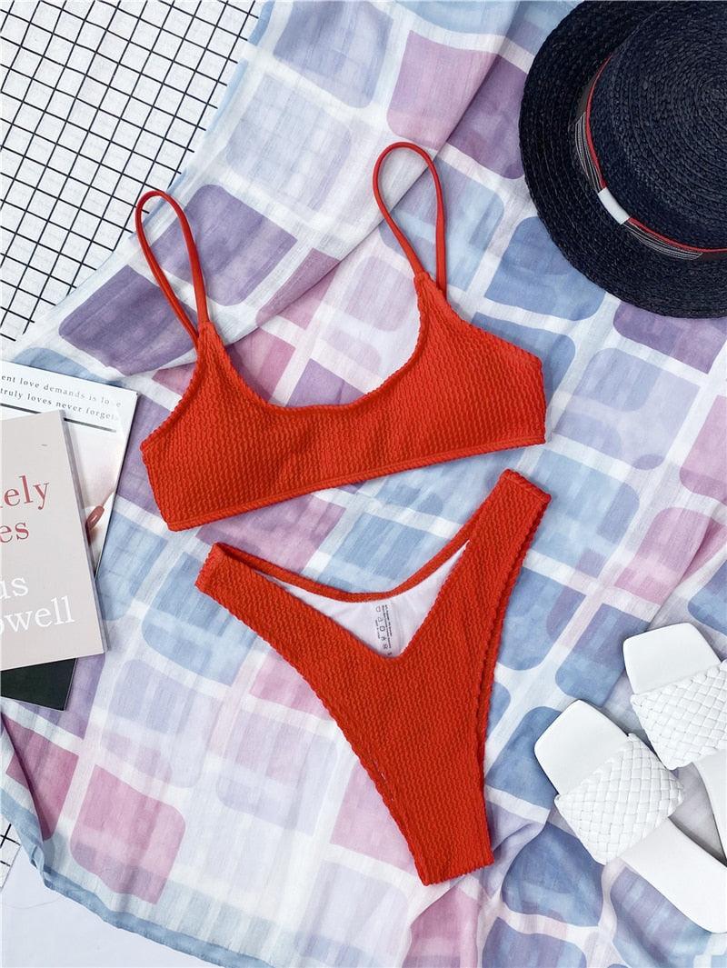 "One Wave – Ribbed One-Shoulder Push-Up Bikini Set"