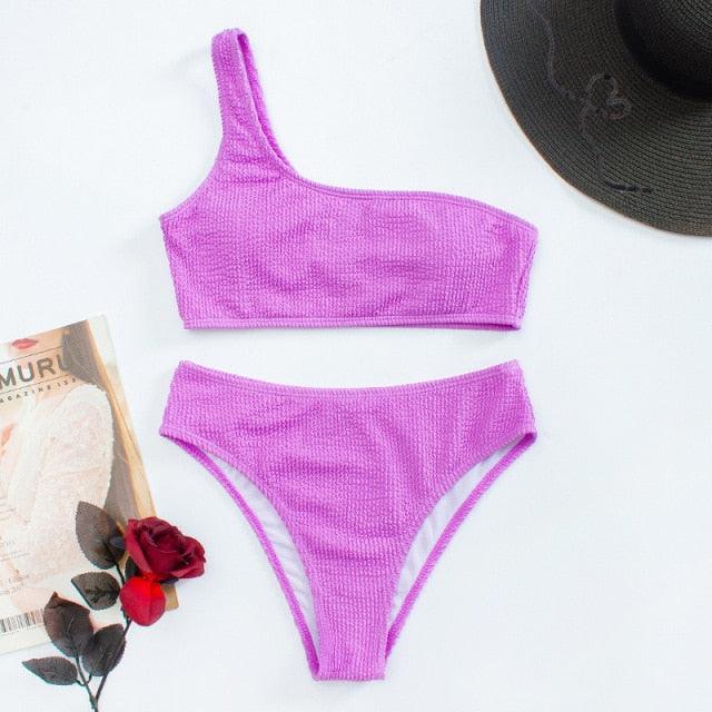 "One Wave – Ribbed One-Shoulder Push-Up Bikini Set"
