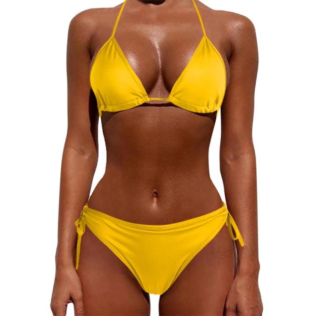 "Rainbow Reef – Solid Triangle Halter Bikini Set"