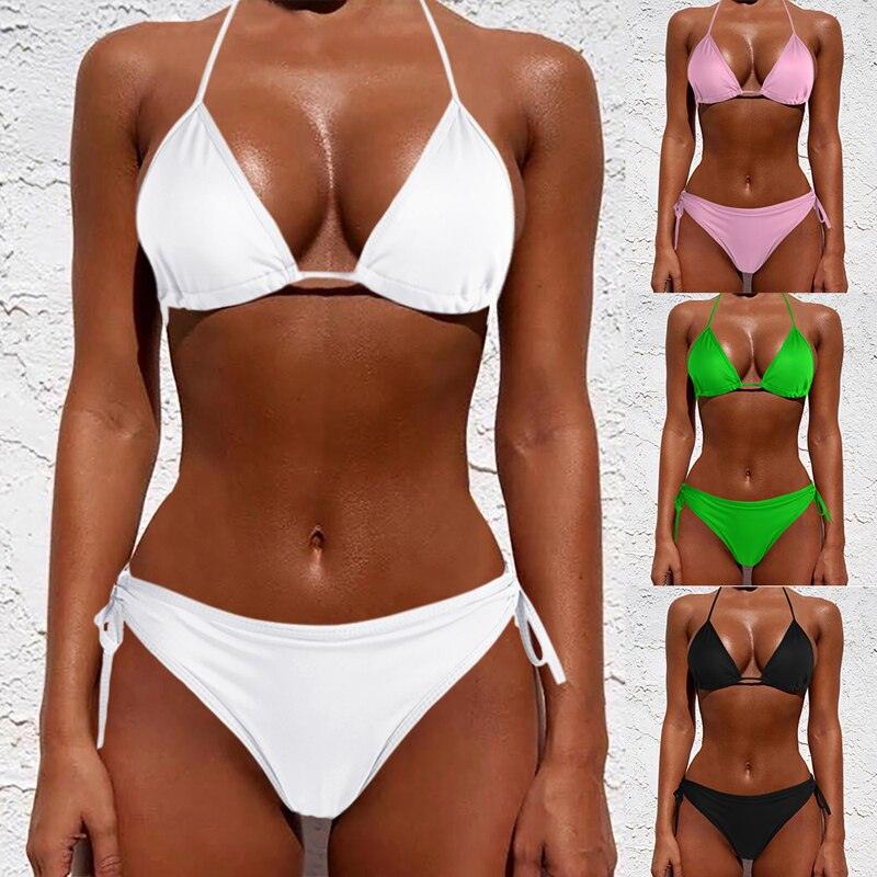 "Rainbow Reef – Solid Triangle Halter Bikini Set"