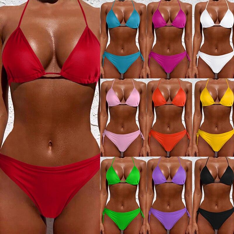 "Rainbow Reef – Solid Triangle Halter Bikini Set"