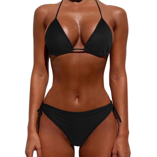"Rainbow Reef – Solid Triangle Halter Bikini Set"