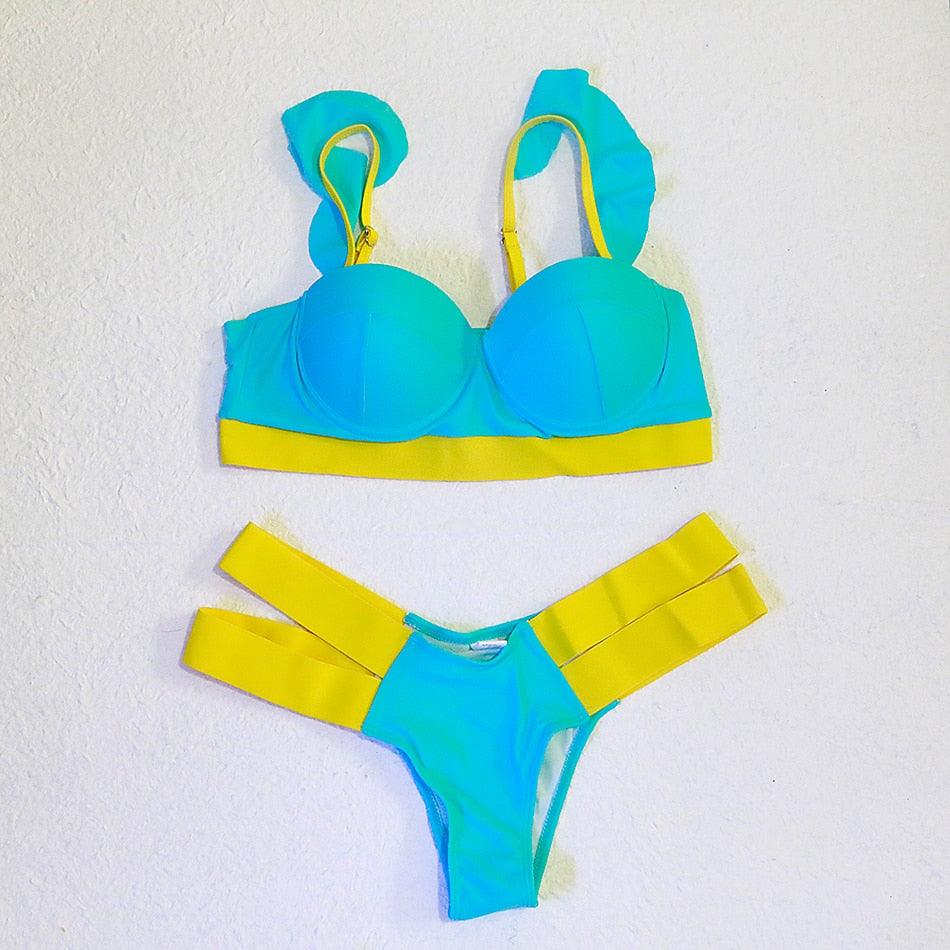Electric Eel – Neon Patchwork Cut-Out Push-Up Bikini Set"