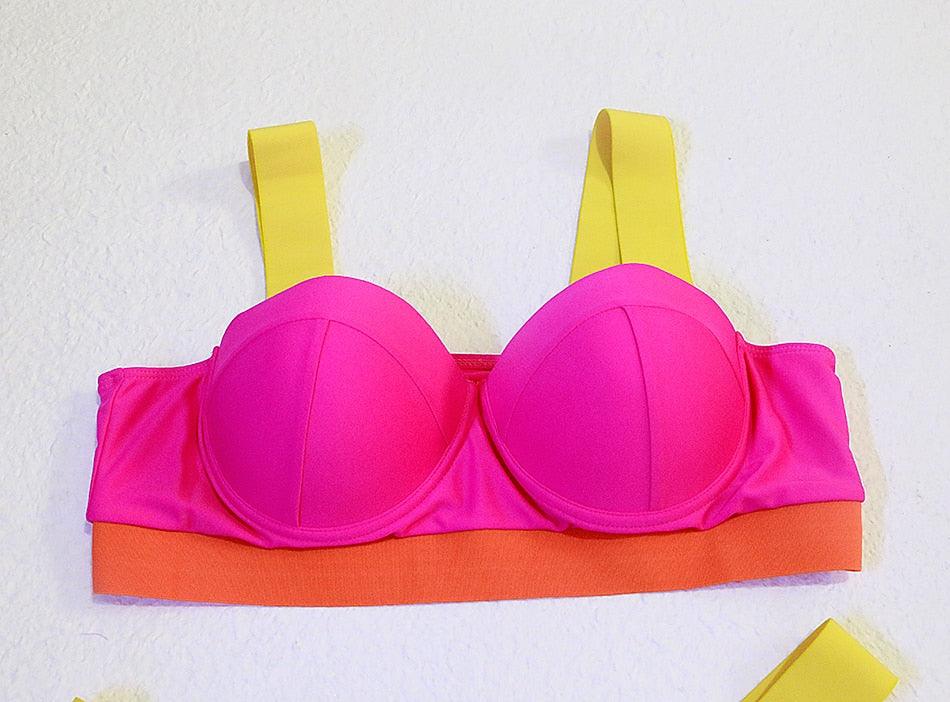 Electric Eel – Neon Patchwork Cut-Out Push-Up Bikini Set"