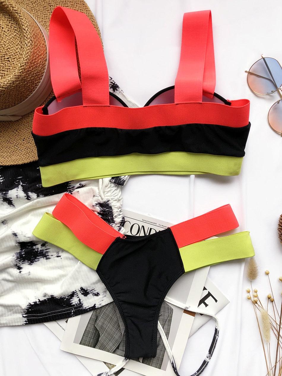 Electric Eel – Neon Patchwork Cut-Out Push-Up Bikini Set"