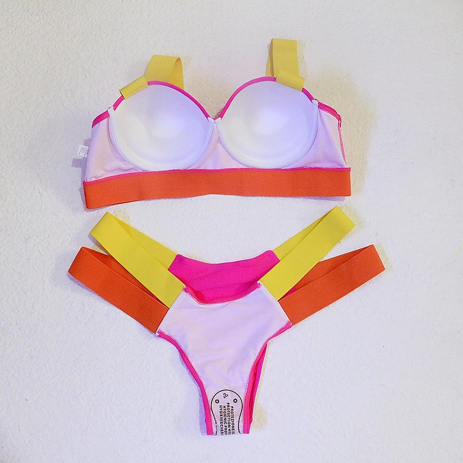 Electric Eel – Neon Patchwork Cut-Out Push-Up Bikini Set"