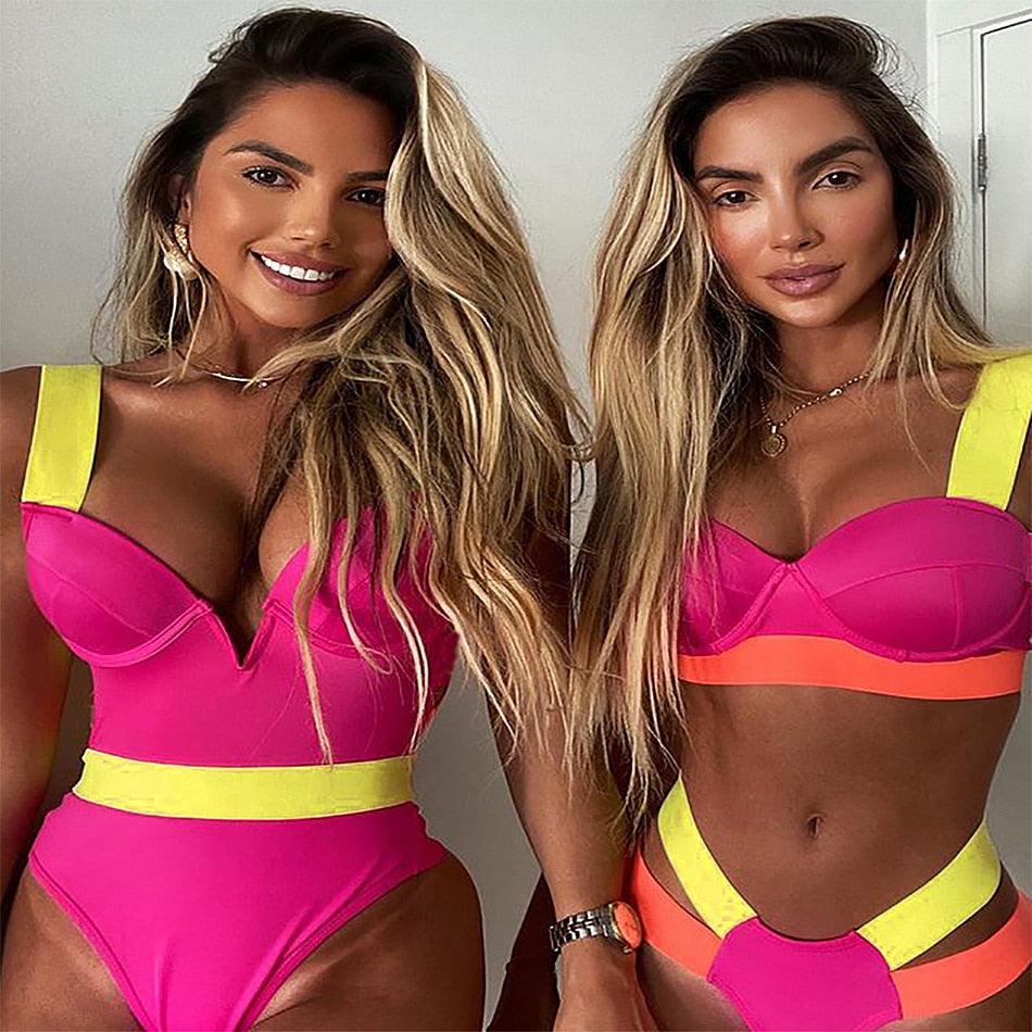 Electric Eel – Neon Patchwork Cut-Out Push-Up Bikini Set"