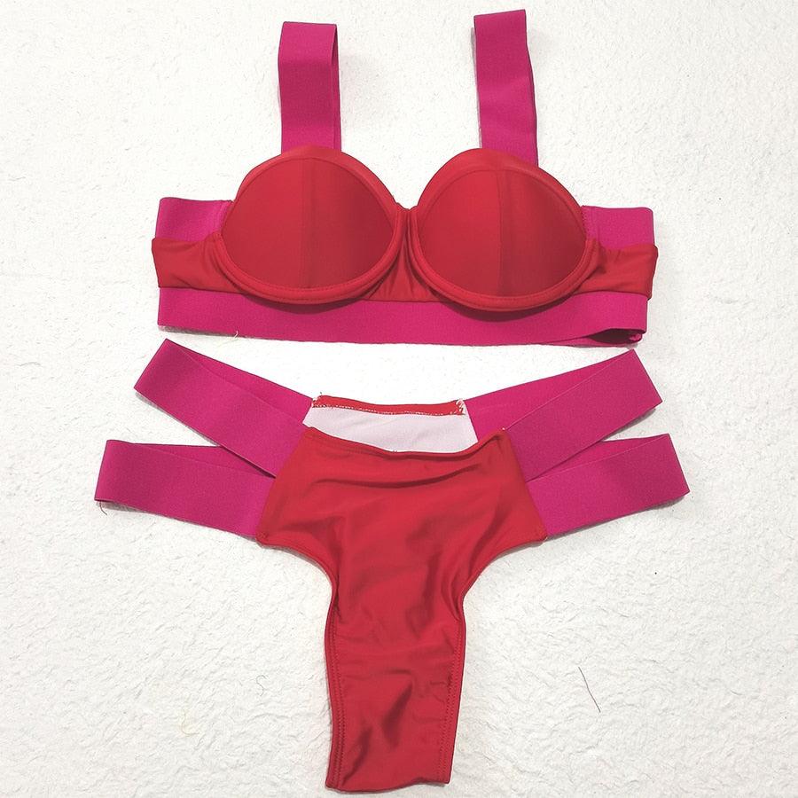 Electric Eel – Neon Patchwork Cut-Out Push-Up Bikini Set"