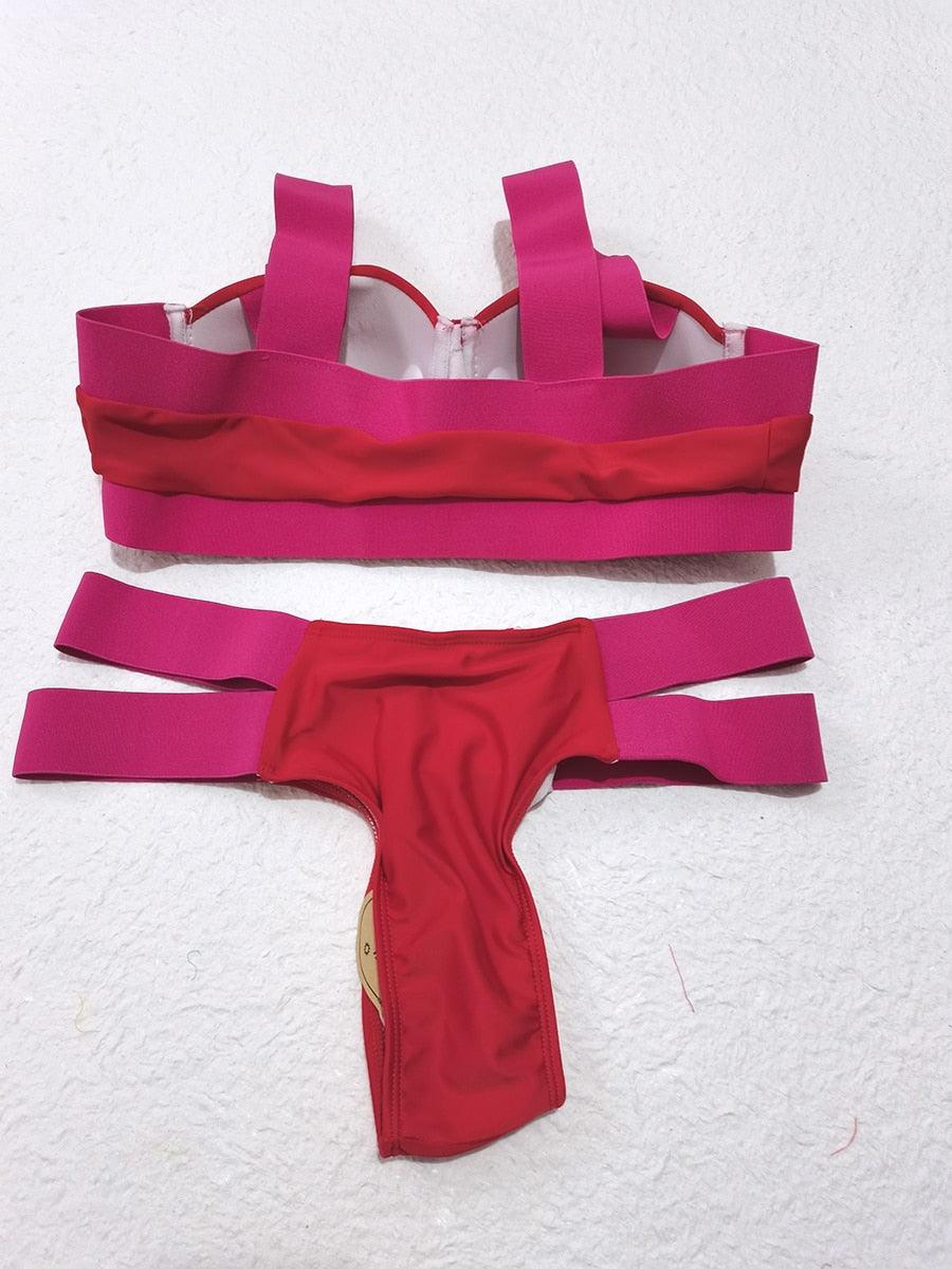 Electric Eel – Neon Patchwork Cut-Out Push-Up Bikini Set"