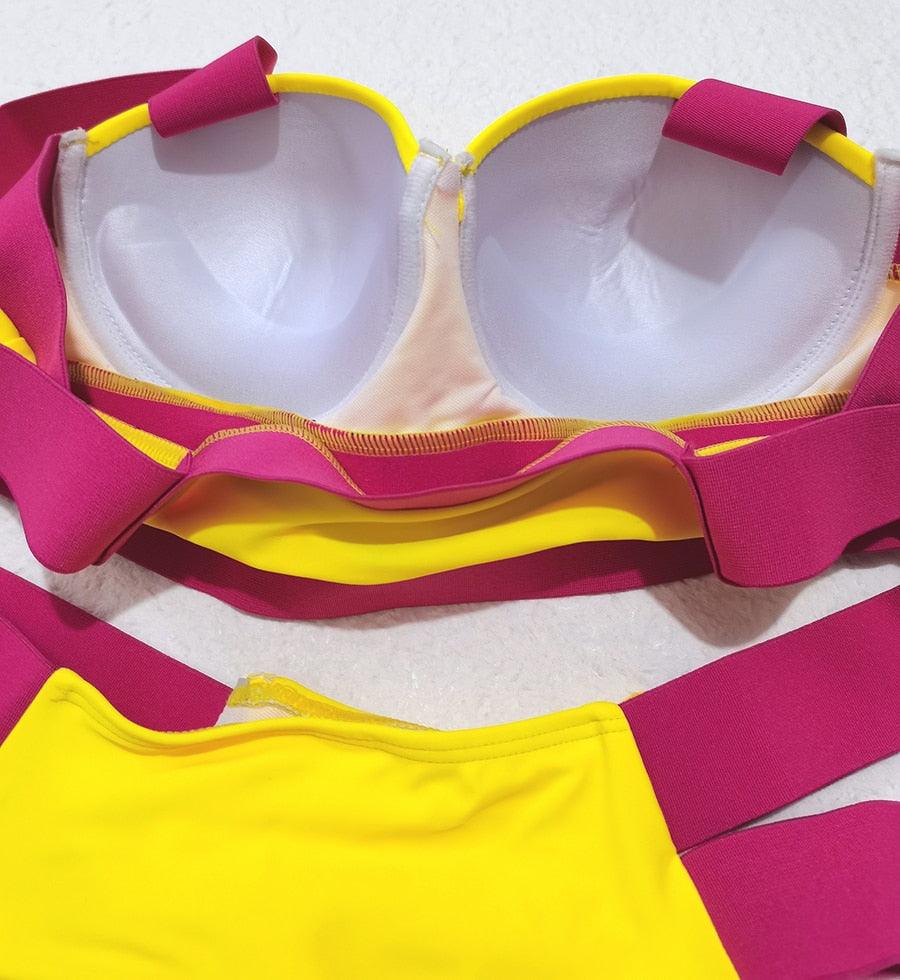 Electric Eel – Neon Patchwork Cut-Out Push-Up Bikini Set"