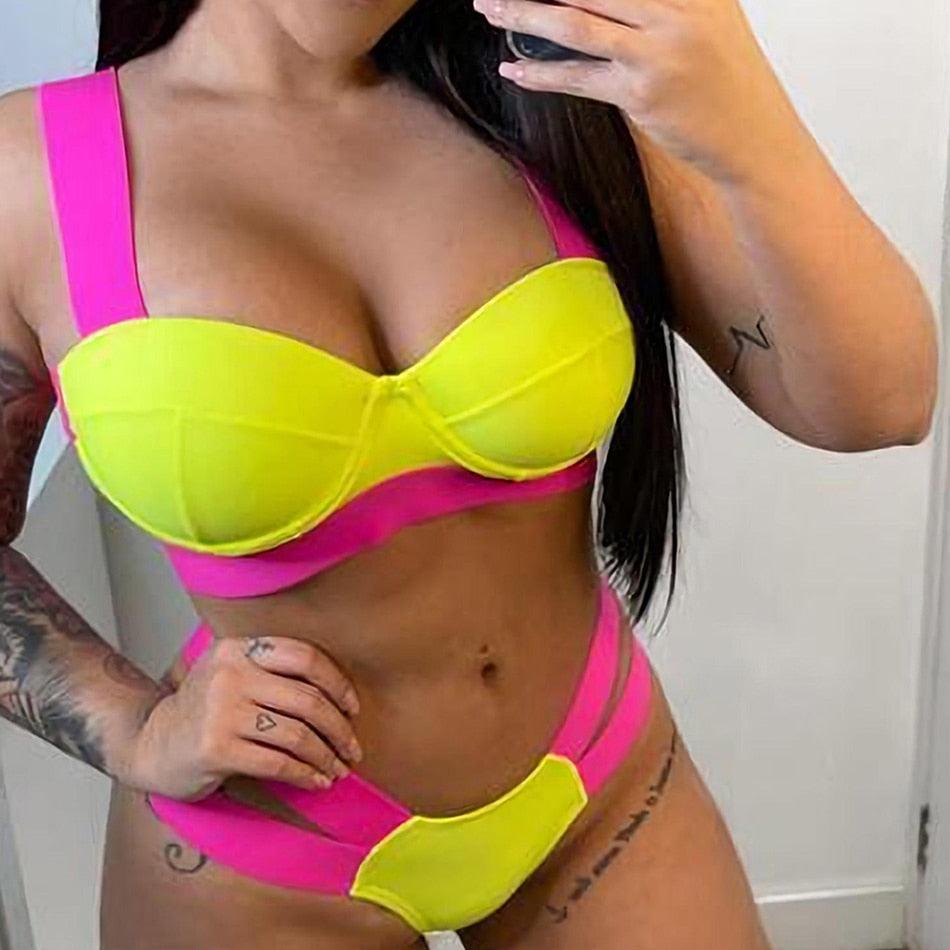 Electric Eel – Neon Patchwork Cut-Out Push-Up Bikini Set"