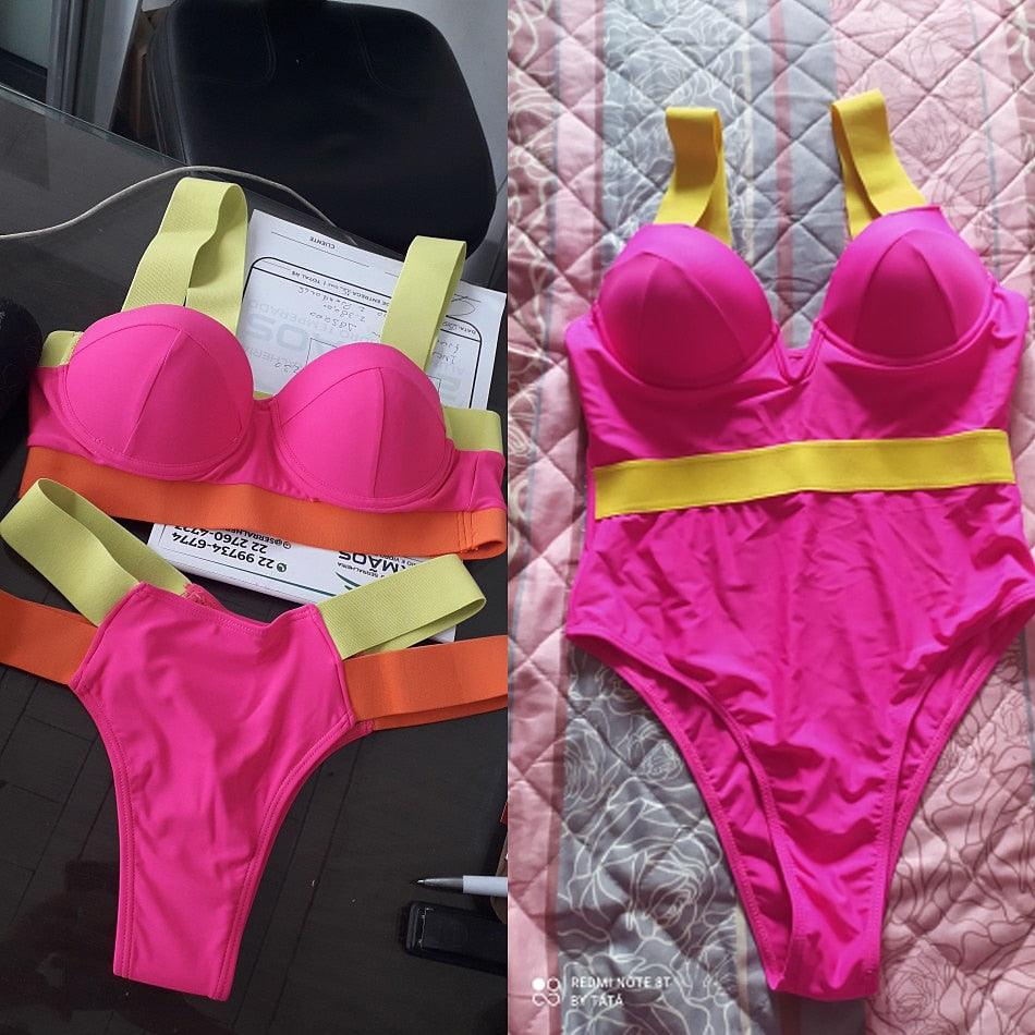 Electric Eel – Neon Patchwork Cut-Out Push-Up Bikini Set"