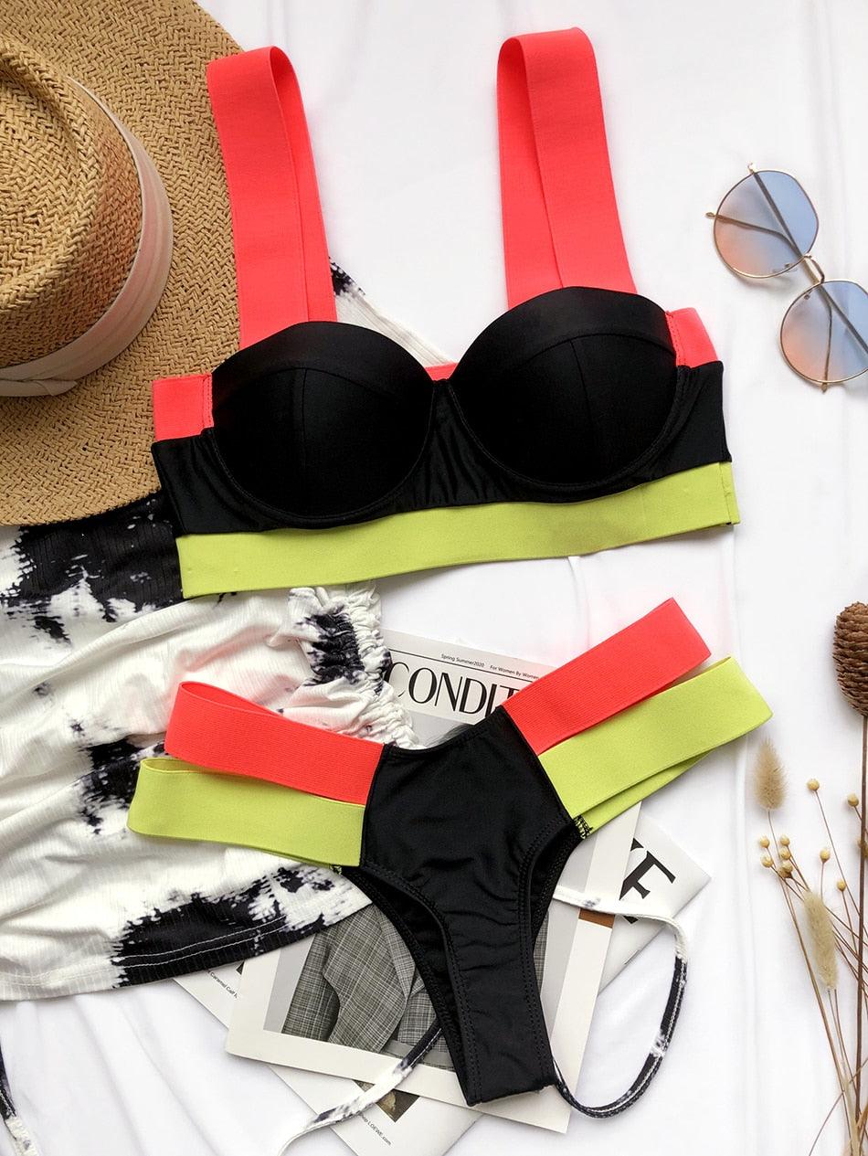 Electric Eel – Neon Patchwork Cut-Out Push-Up Bikini Set"